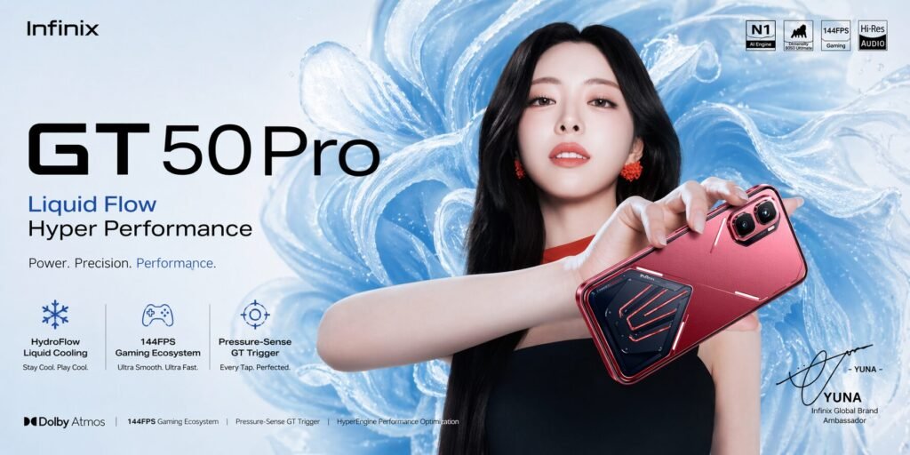 Infinix GT 50 Pro smartphone with liquid flow design and hyper performance gaming features