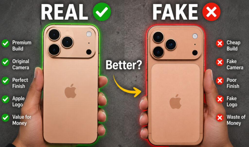 Comparison between real and fake iPhone showing build quality camera and logo differences