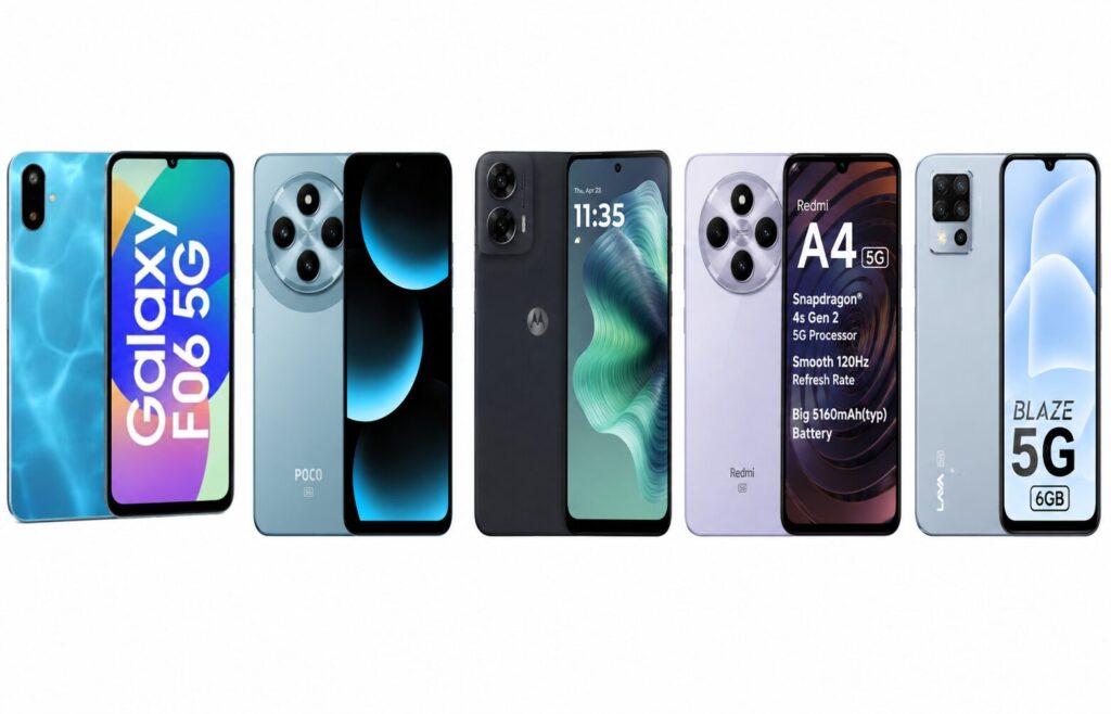 Best 5G Phones Under ₹10,000 featuring Samsung Galaxy F06 5G, POCO M7 5G, Moto G35 5G, Redmi A4 5G and Lava Blaze 5G